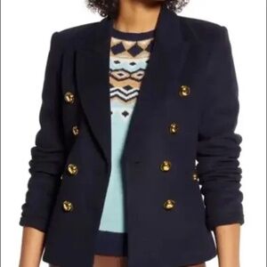 Halogen x Atlantic-Pacific Black Wool Blend Double Breasted Blazer Gold Buttons